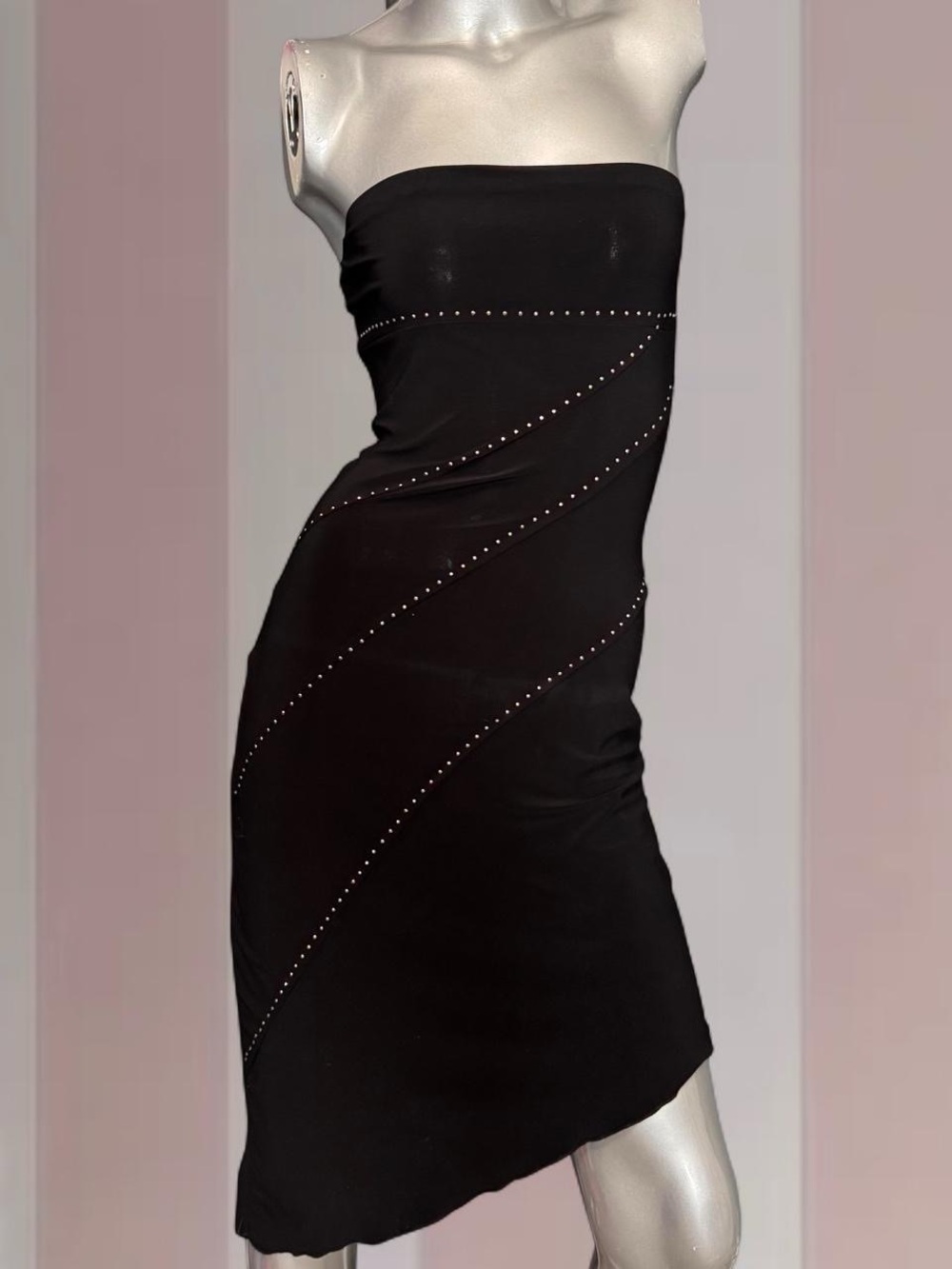 Vintage F21 Y2K Black strapless mini dress with diagonal silver stud detailing